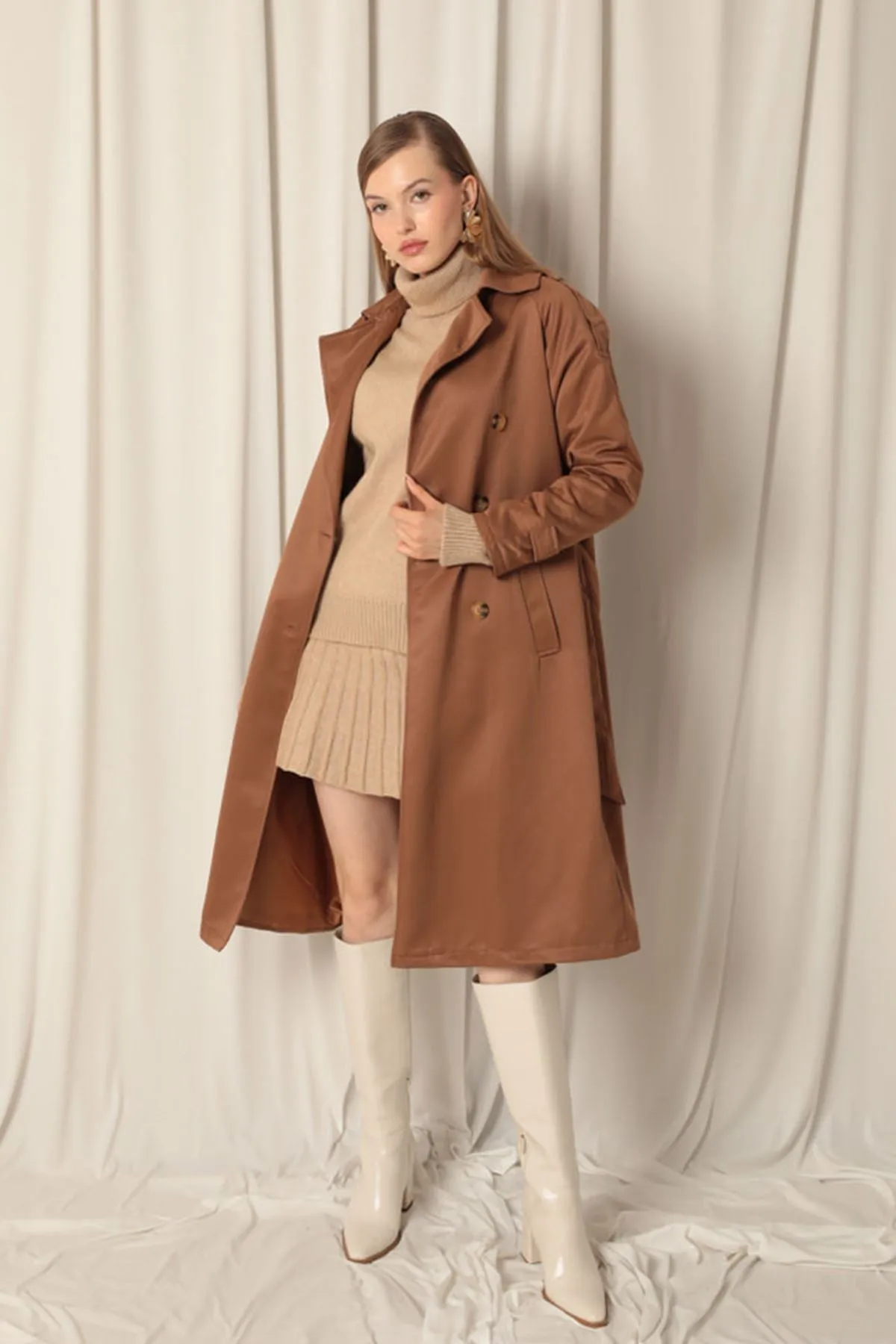 KKT Torino Fabric Waterproof Lined Camel Trench Coat - Constanţa