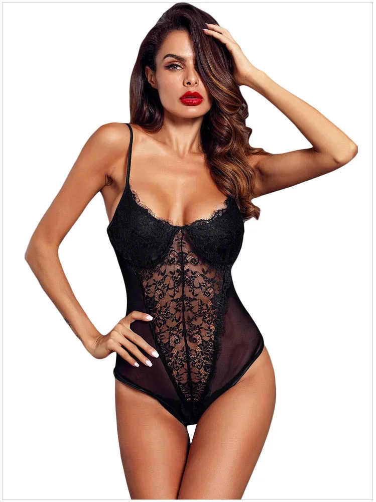 Lace Black Strapped Bodysuit