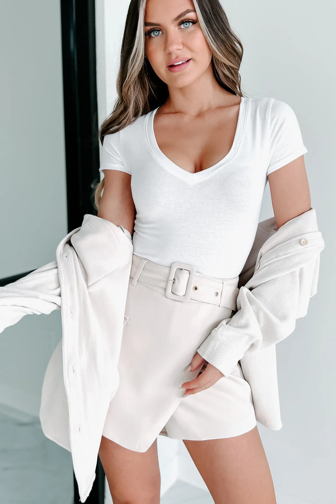 Lighten The Mood V-Neck Bodysuit (White)
