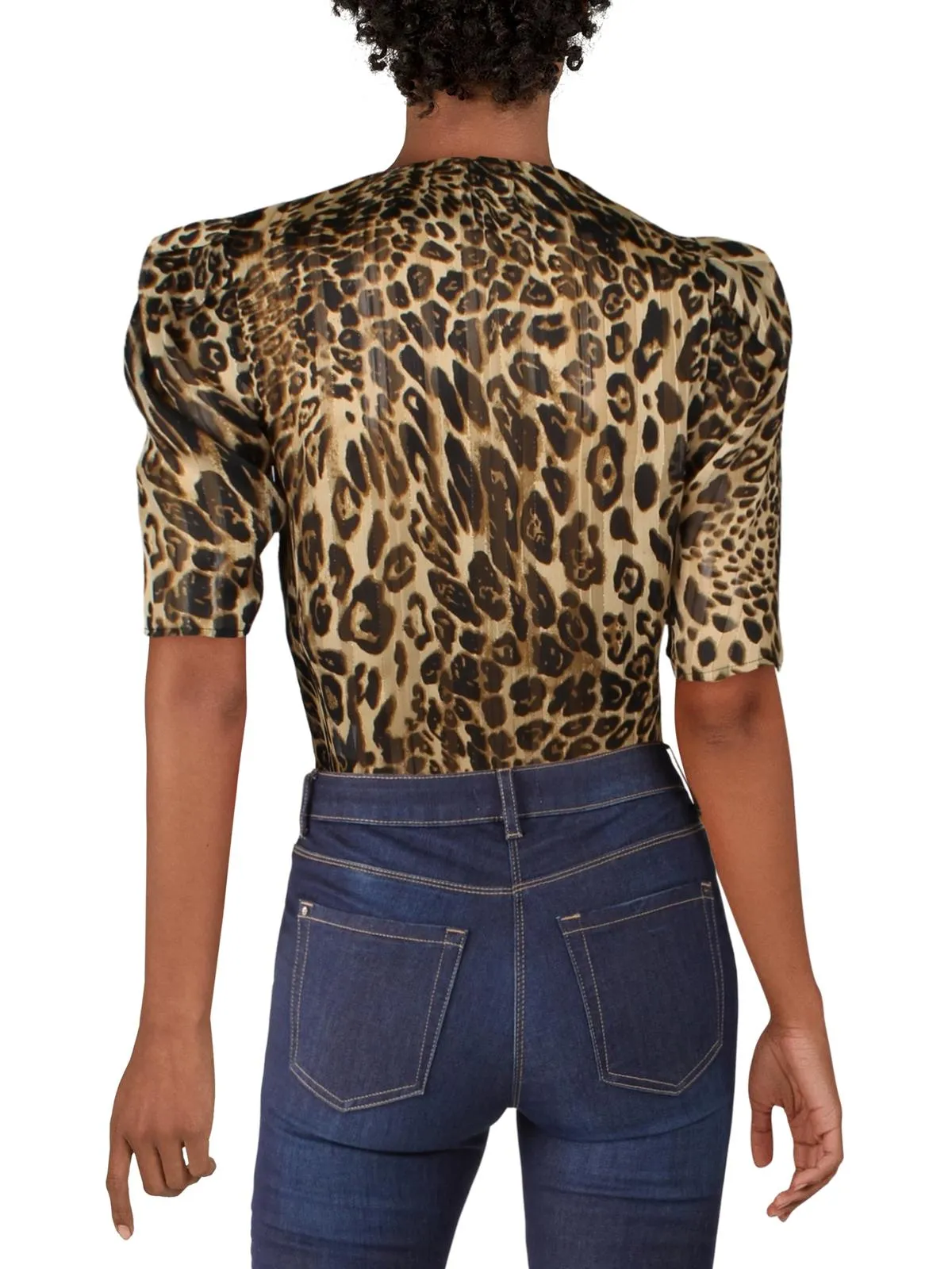 Lini Women's Metallic Animal Print Short Sleeve Surplice Neckline Body Suit Top Black Size X-Small