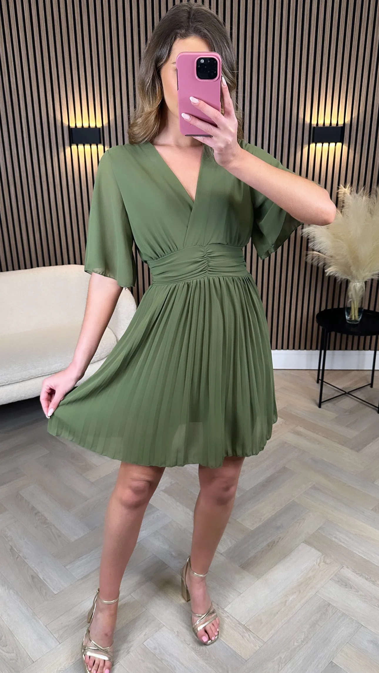 Lula Khaki V Neckline Pleated Mini Dress