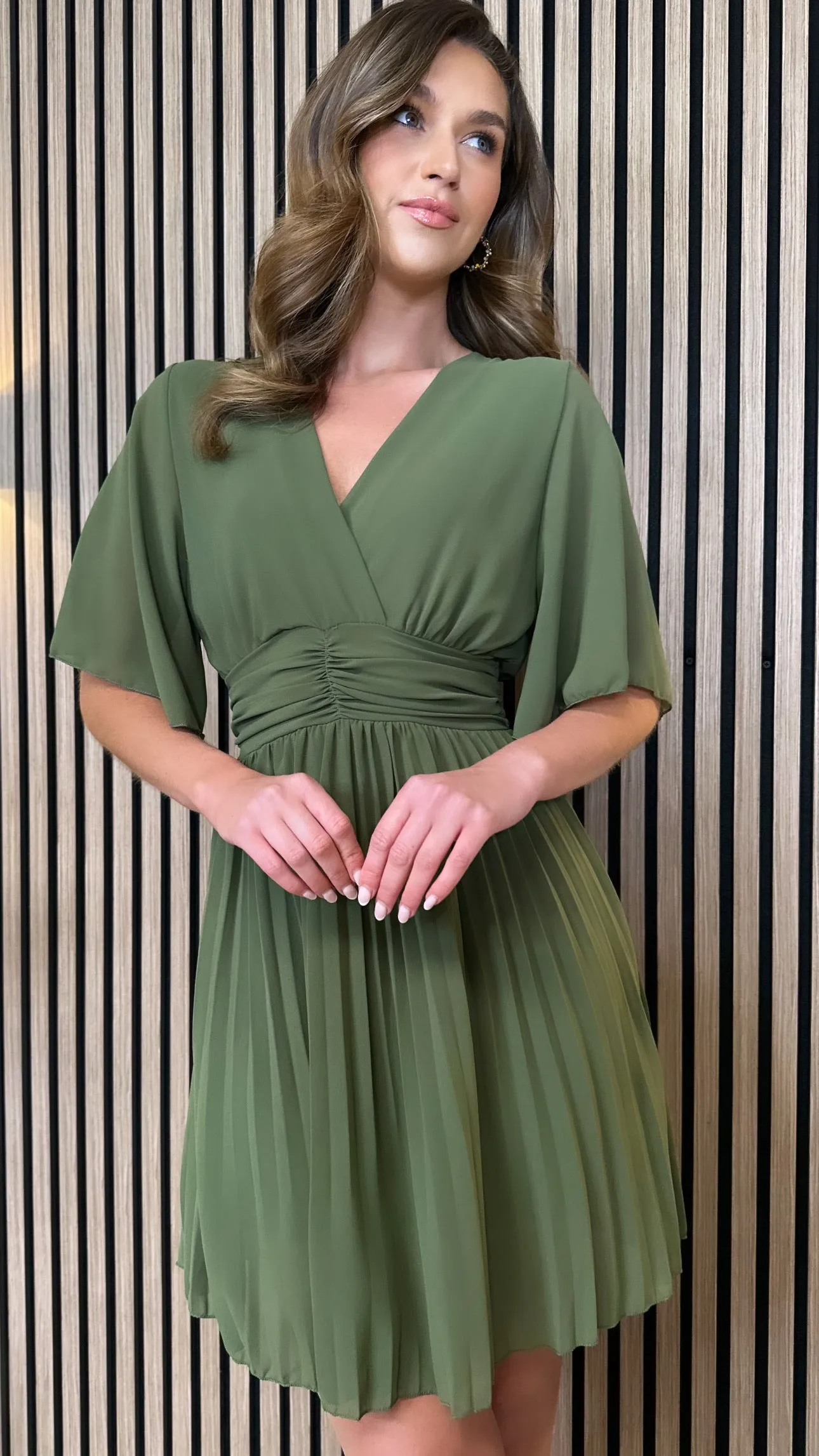 Lula Khaki V Neckline Pleated Mini Dress