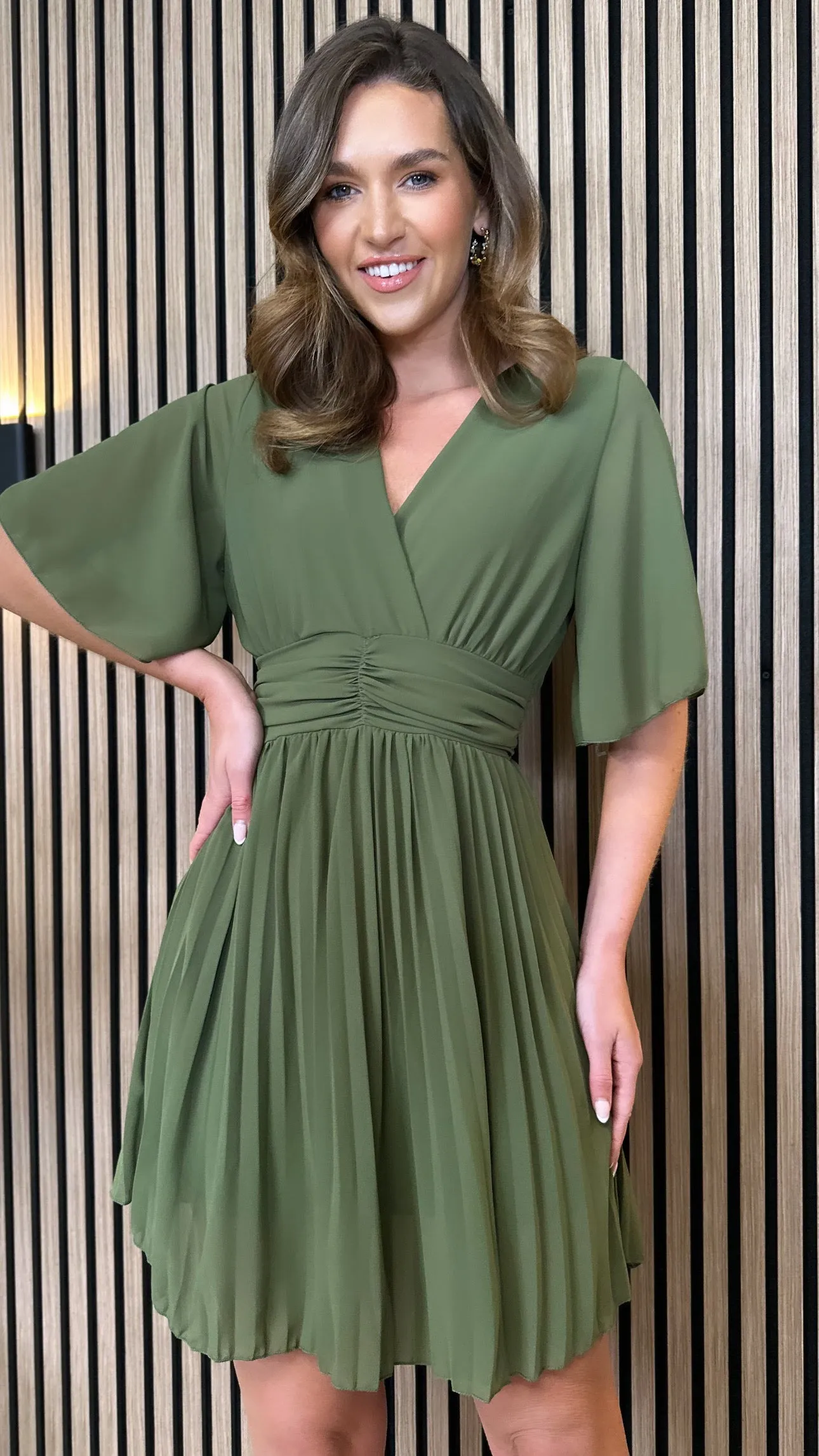 Lula Khaki V Neckline Pleated Mini Dress