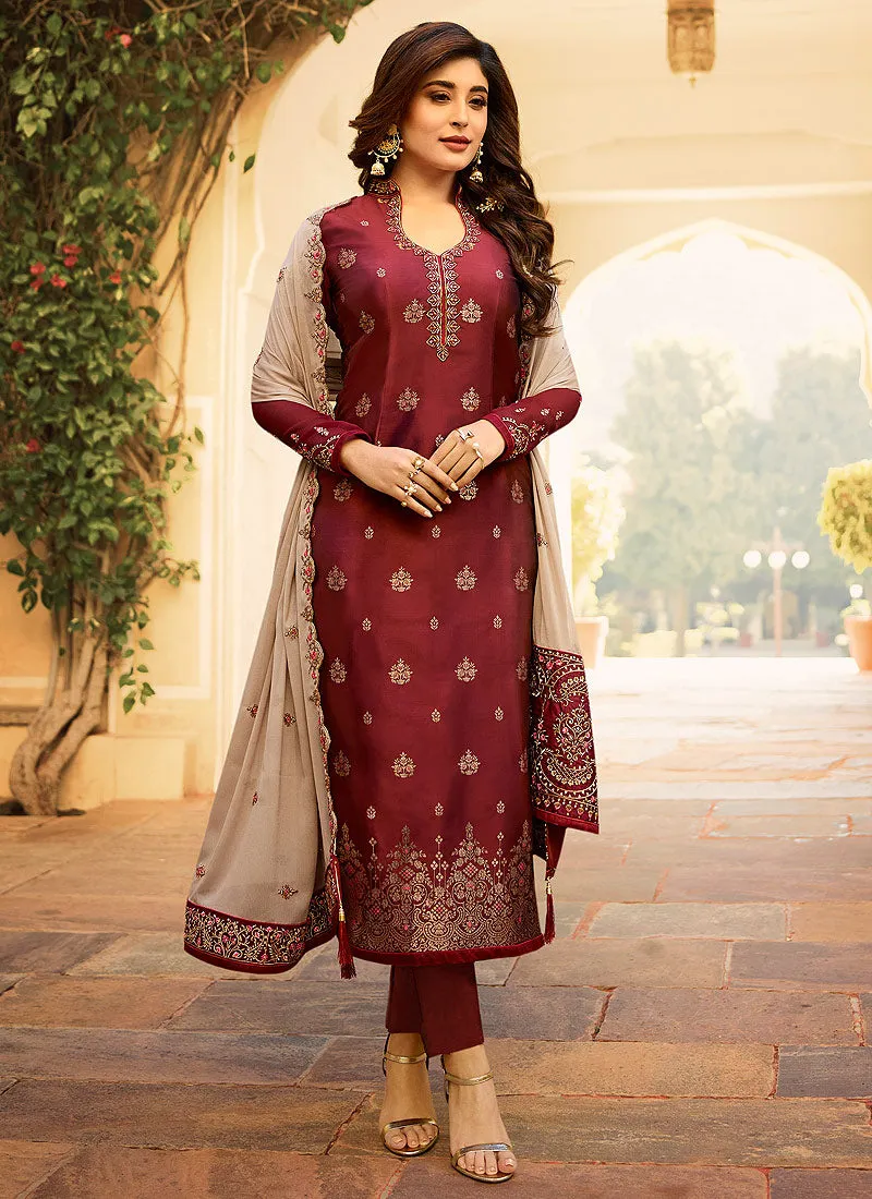 Maroon And Beige Embroidered Pant Suit