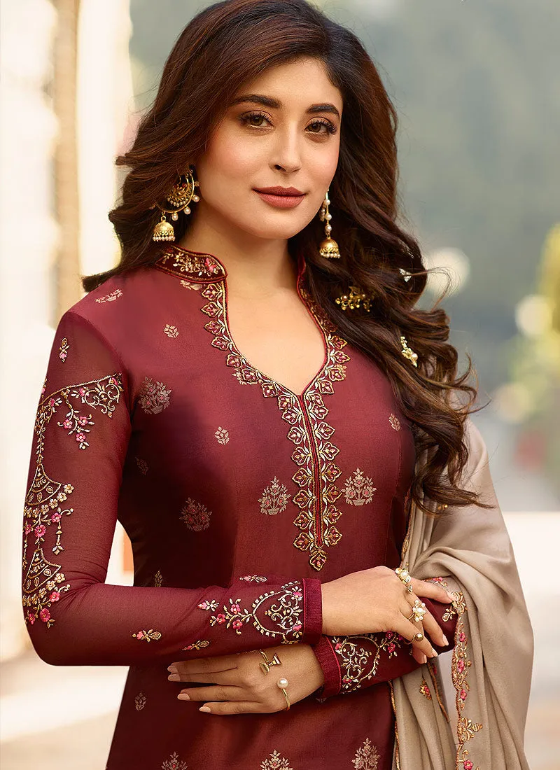 Maroon And Beige Embroidered Pant Suit
