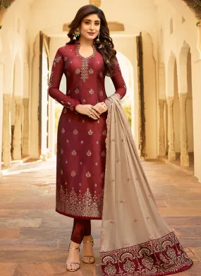 Maroon And Beige Embroidered Pant Suit