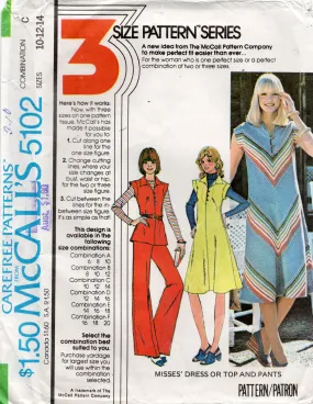 McCall's 5102 Womens Cap Sleeved Dress Top & Flared Pants 1970s Vintage Sewing Pattern Size SMALL 10 & 12