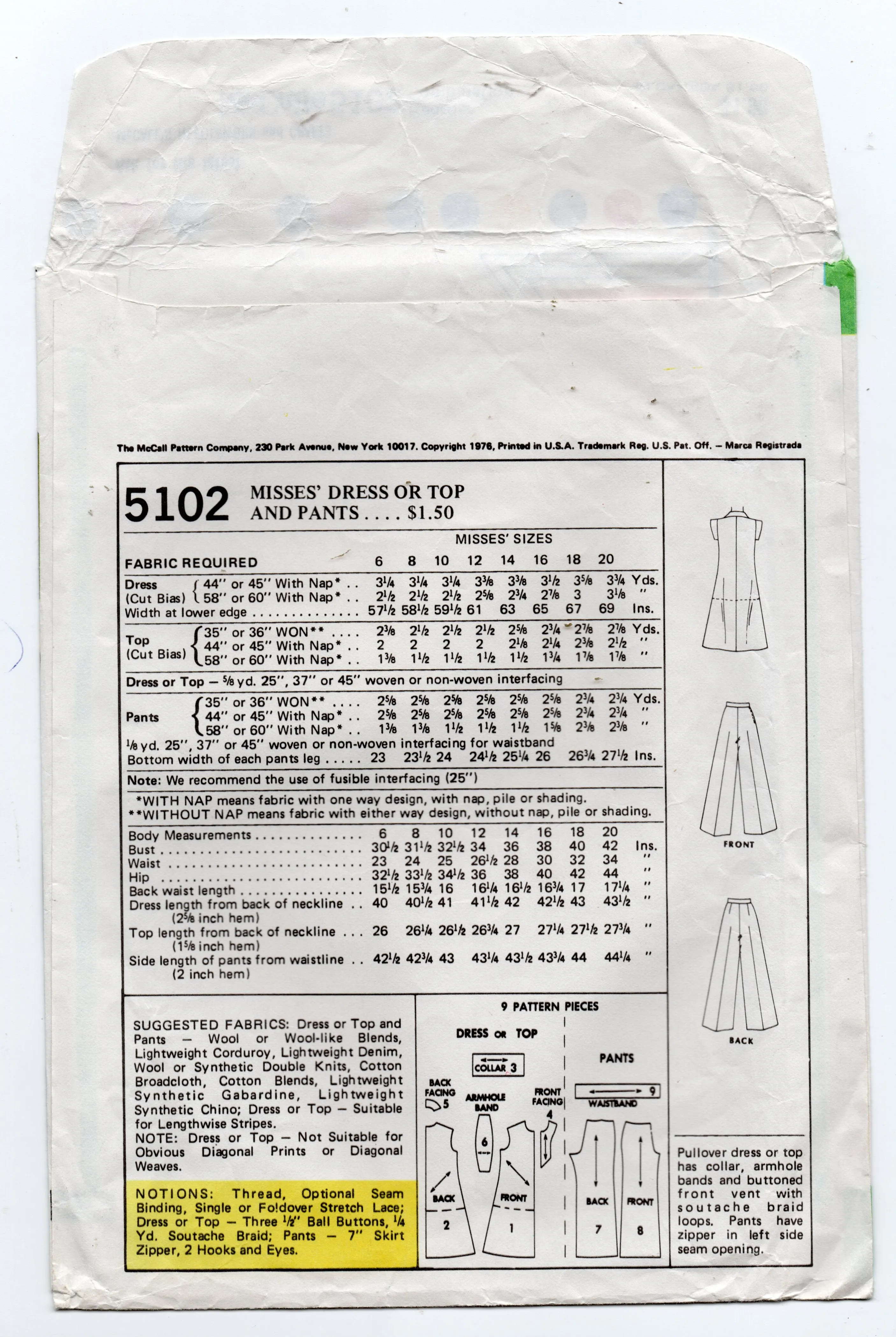 McCall's 5102 Womens Cap Sleeved Dress Top & Flared Pants 1970s Vintage Sewing Pattern Size SMALL 10 & 12