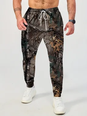 Men's Tree Branch And Leaf Print Drawstring Joggers, Casual Trousers For Outdoors And Sports Leisurewear