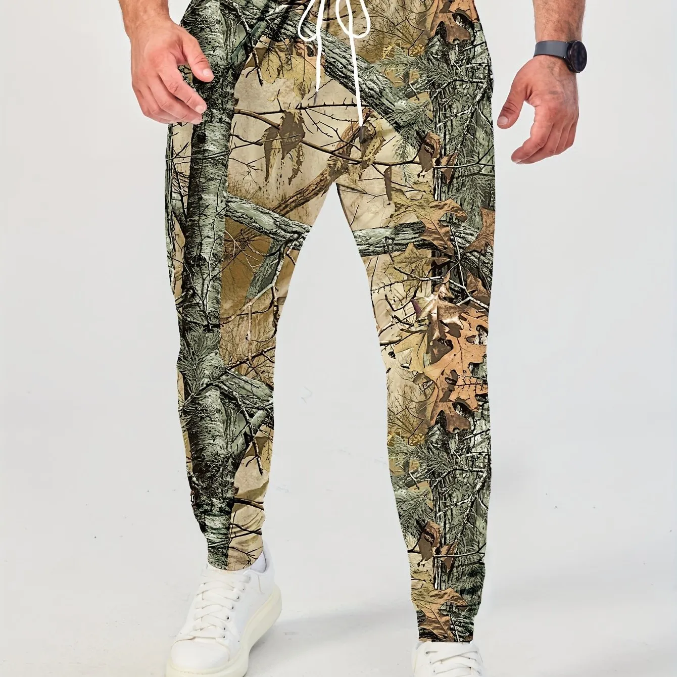 Men's Tree Branch And Leaf Print Drawstring Joggers, Casual Trousers For Outdoors And Sports Leisurewear