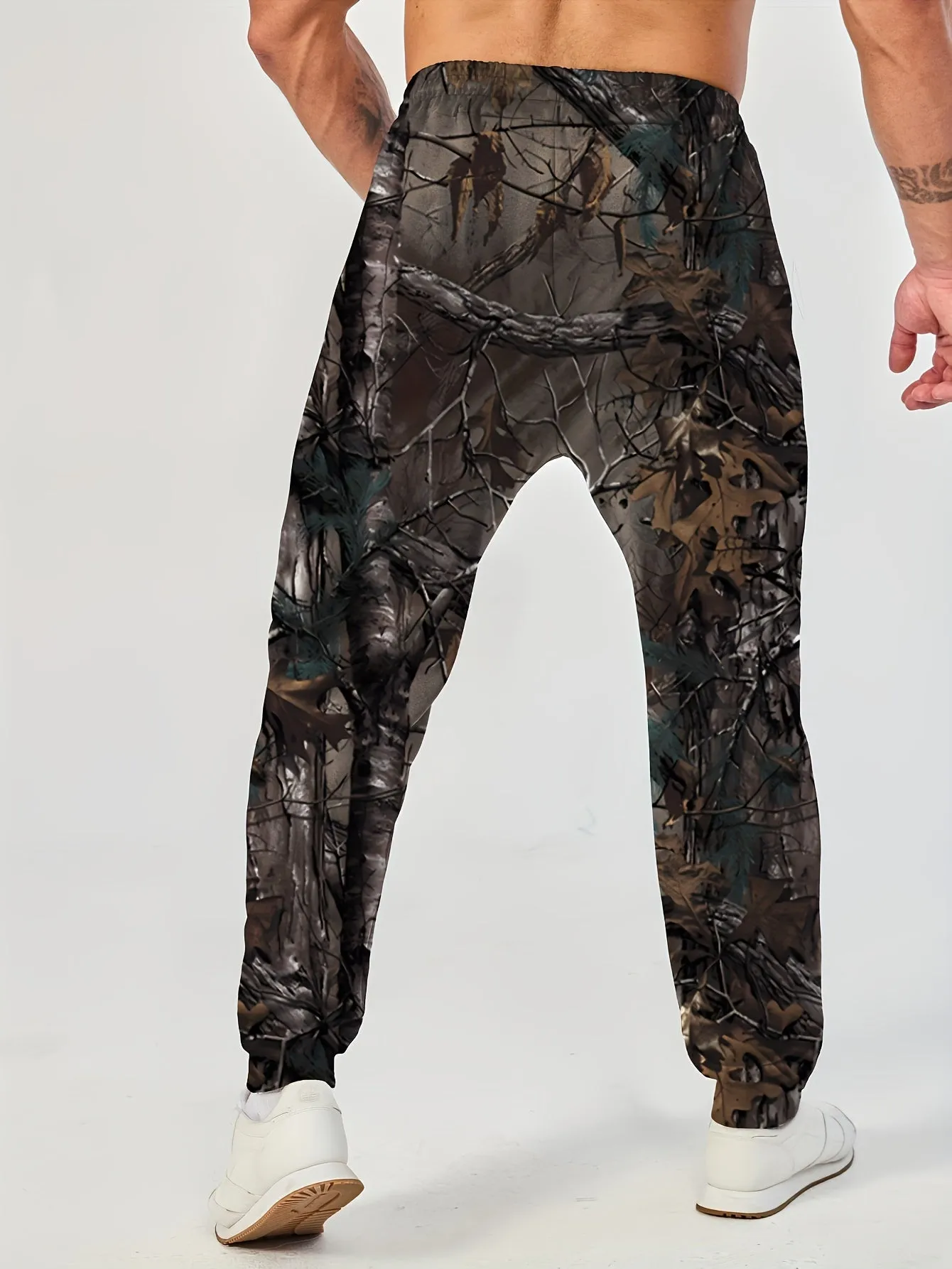 Men's Tree Branch And Leaf Print Drawstring Joggers, Casual Trousers For Outdoors And Sports Leisurewear