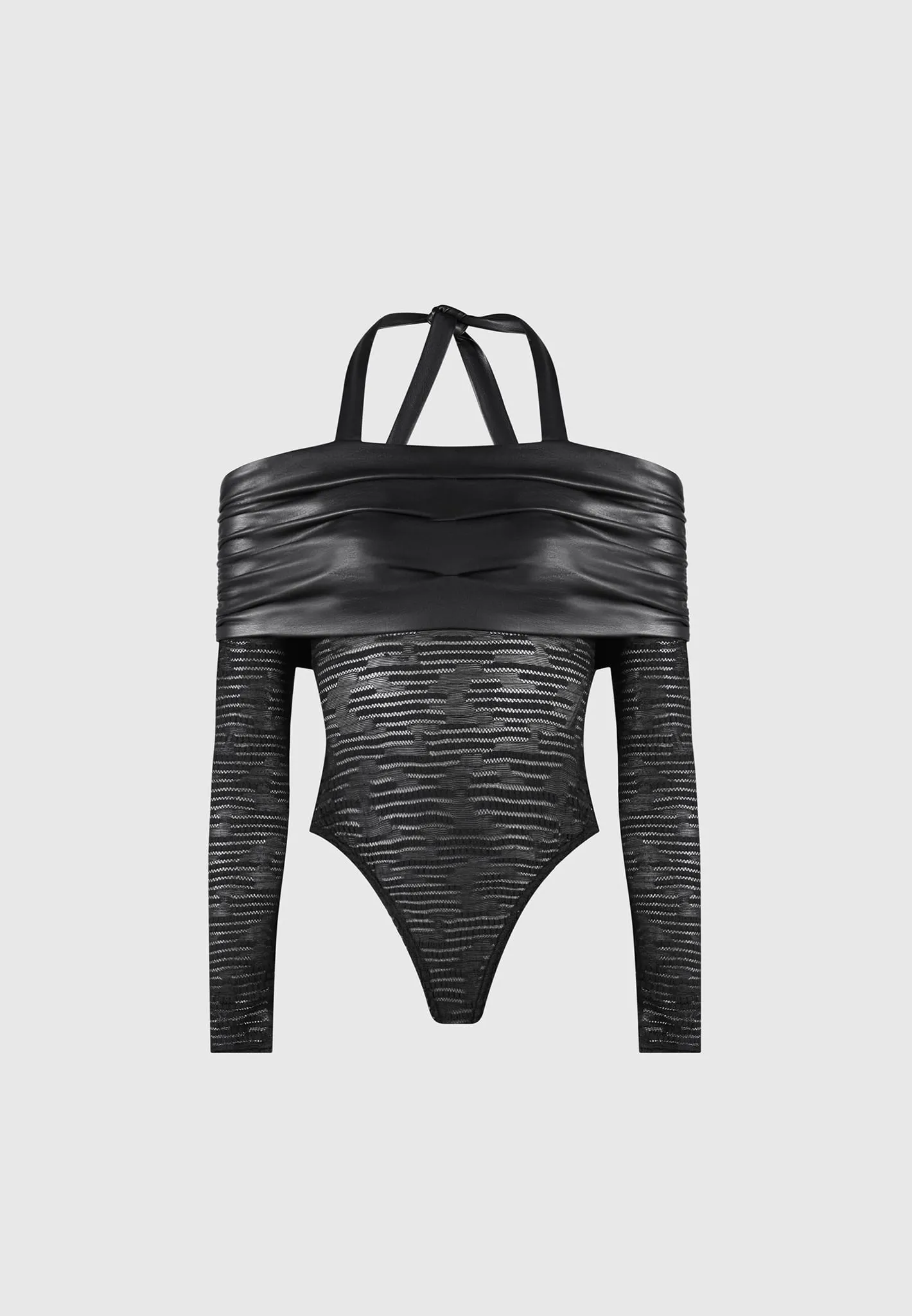 Mesh and Leather Bardot Bodysuit - Black