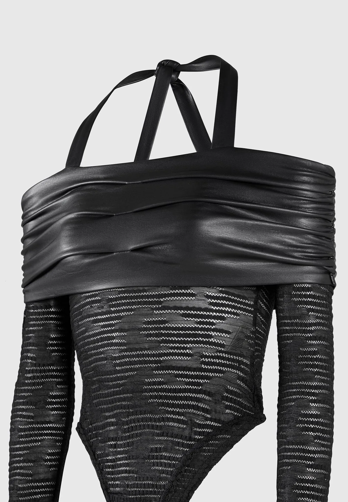 Mesh and Leather Bardot Bodysuit - Black