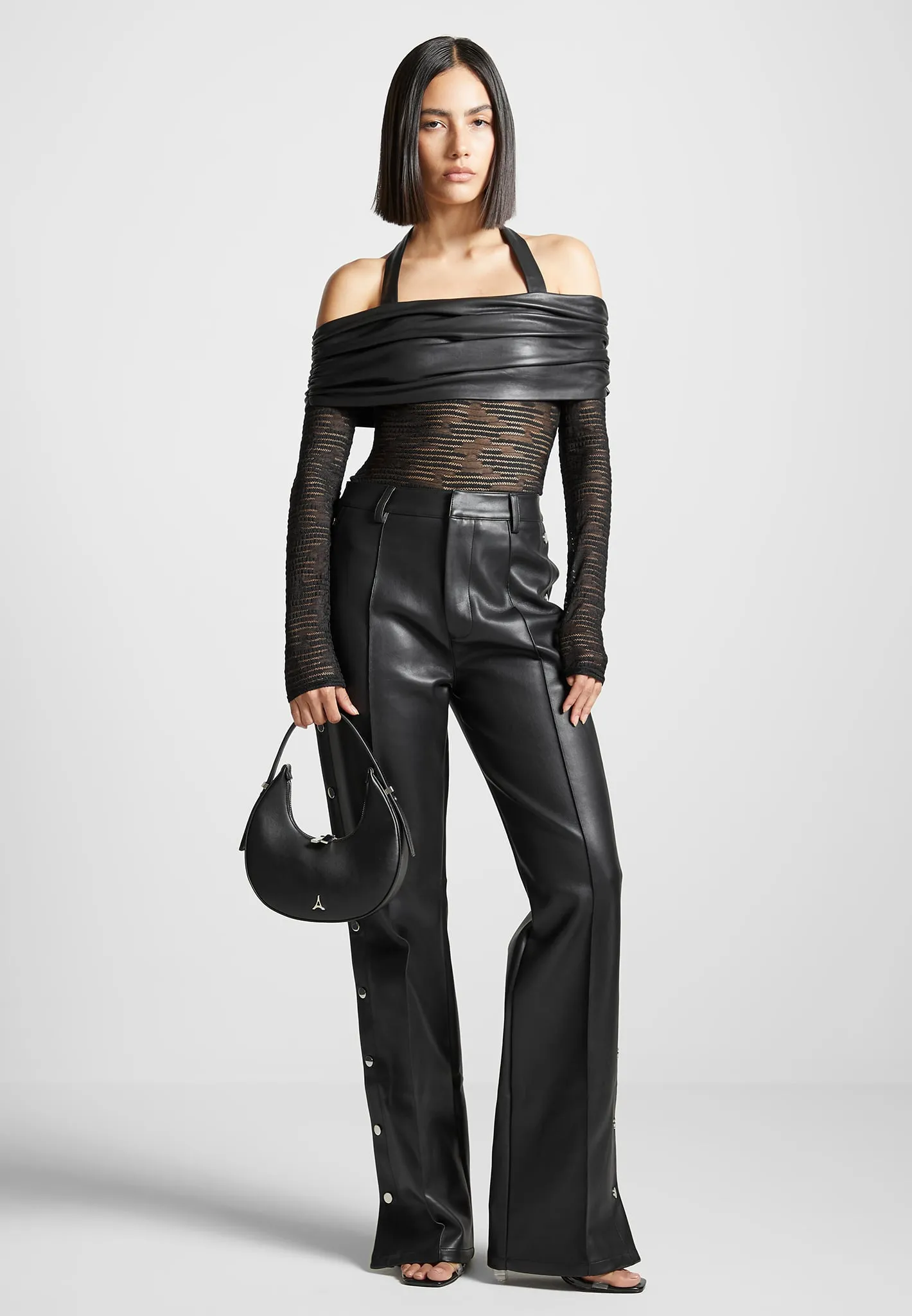 Mesh and Leather Bardot Bodysuit - Black