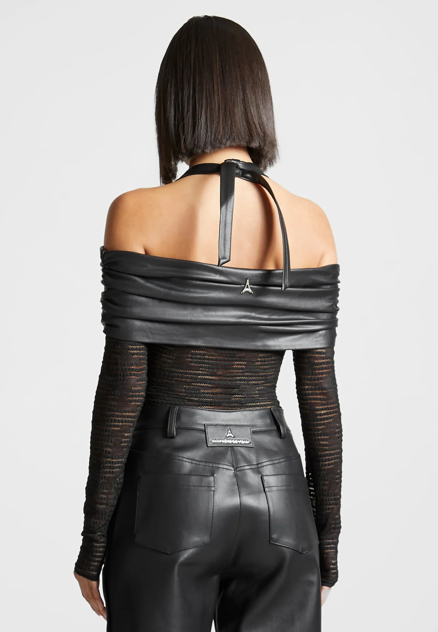 Mesh and Leather Bardot Bodysuit - Black