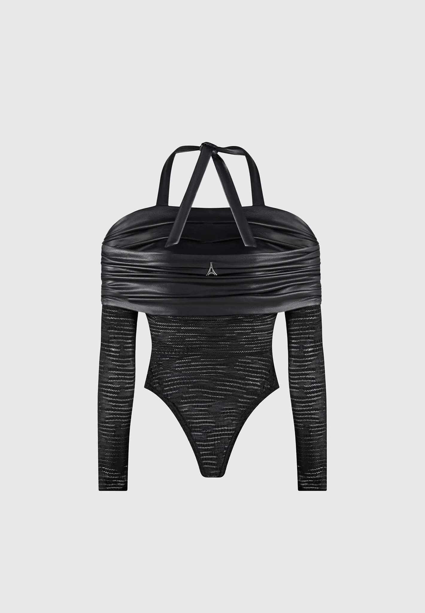 Mesh and Leather Bardot Bodysuit - Black