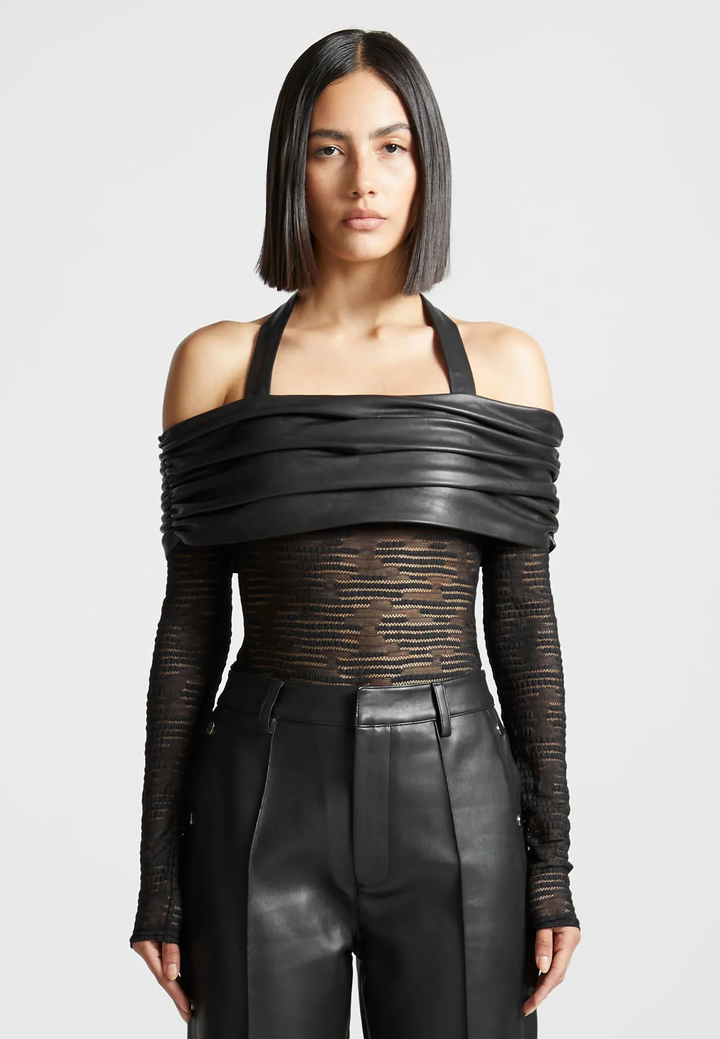 Mesh and Leather Bardot Bodysuit - Black