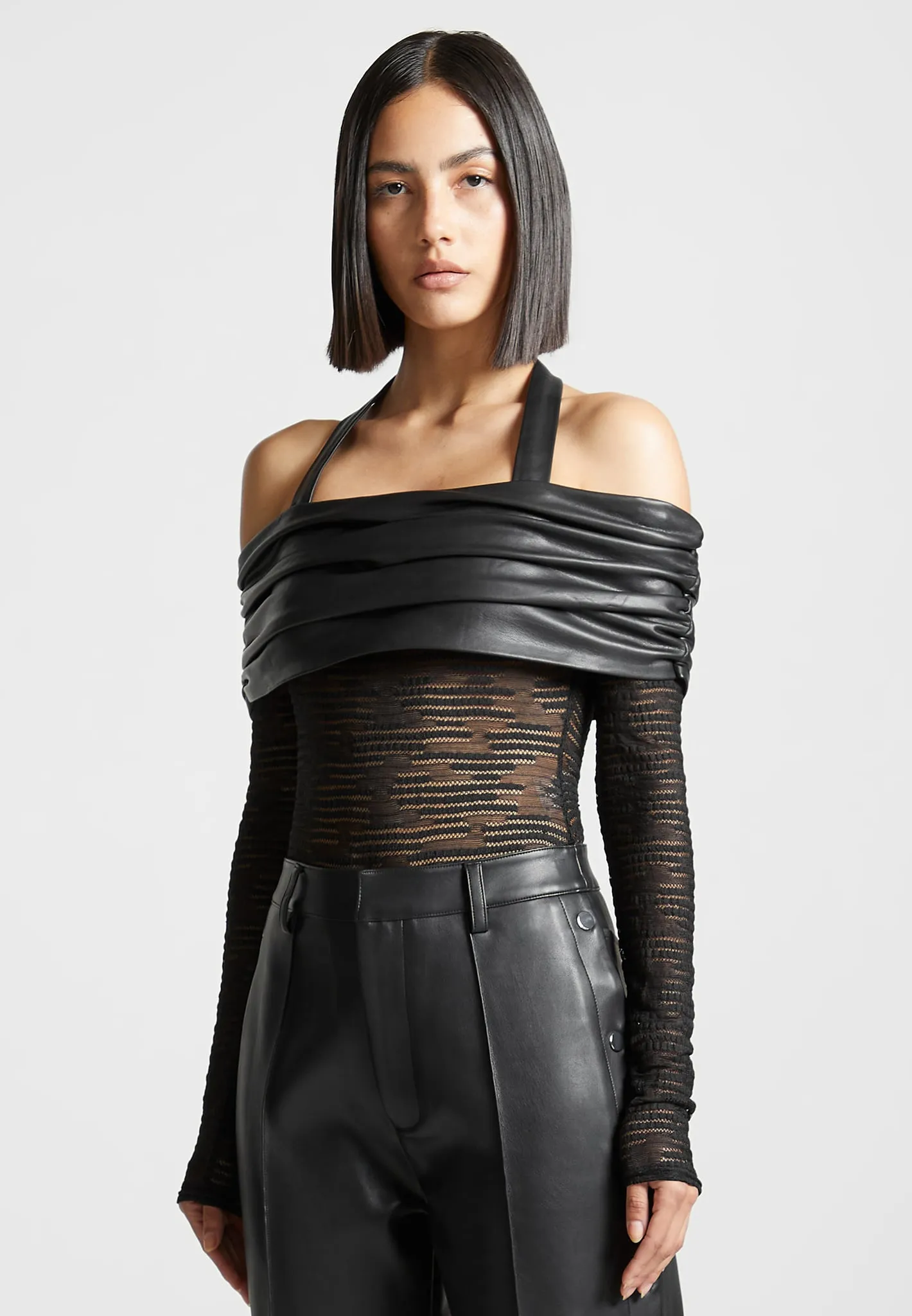 Mesh and Leather Bardot Bodysuit - Black