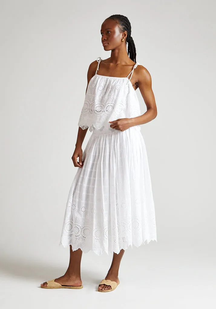 Mirella Smocked Waist Embroidered Midi Skirt In White