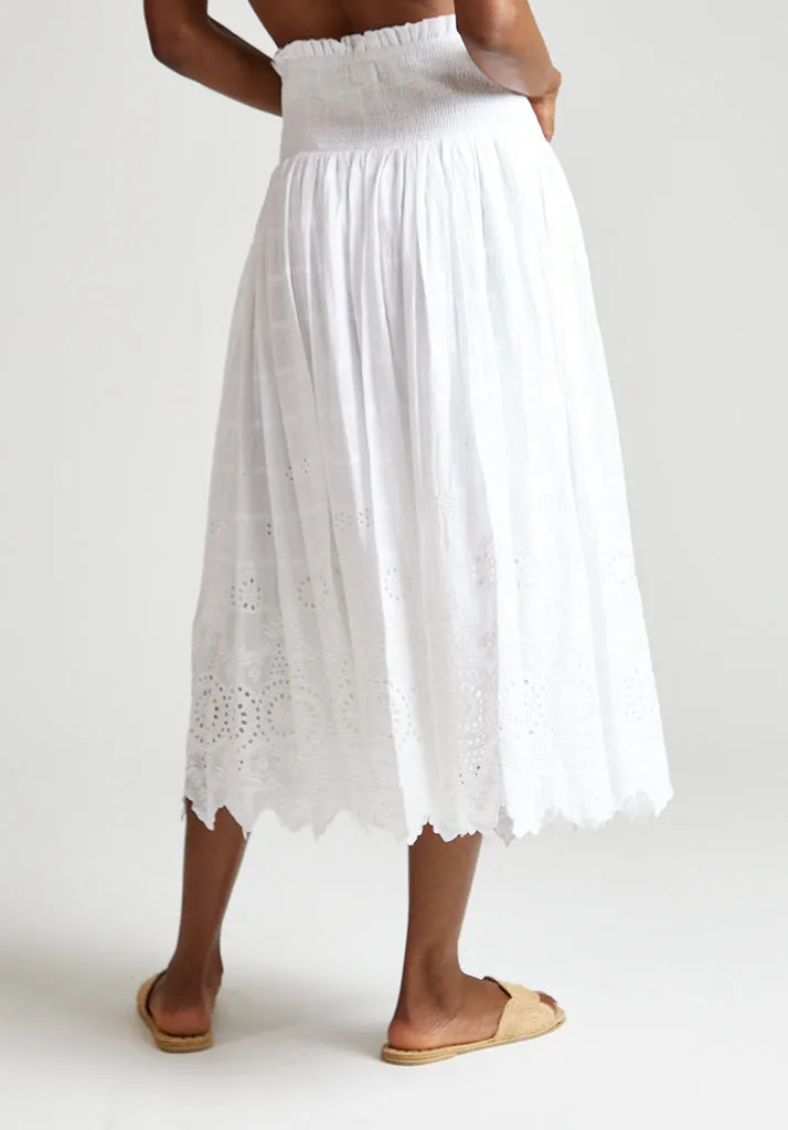 Mirella Smocked Waist Embroidered Midi Skirt In White