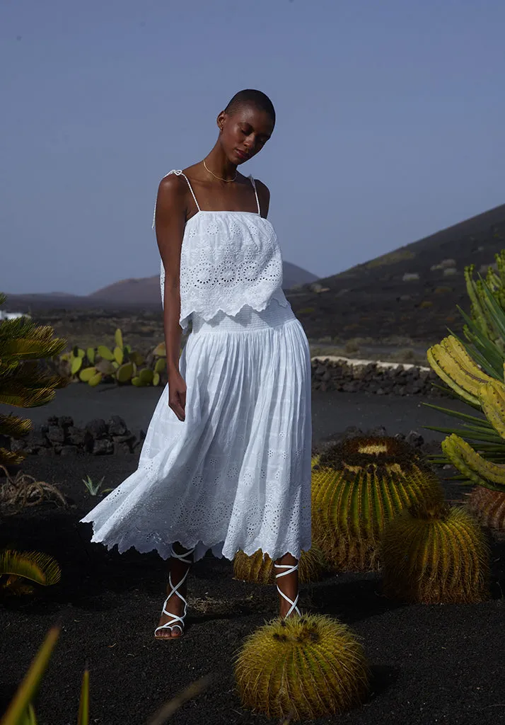 Mirella Smocked Waist Embroidered Midi Skirt In White