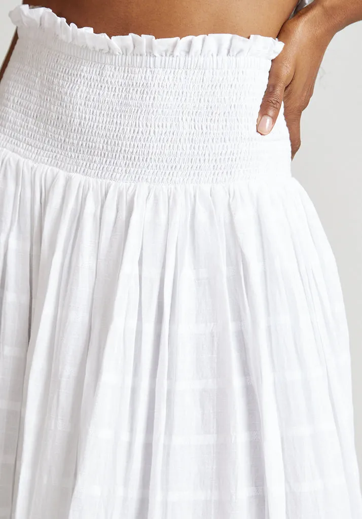 Mirella Smocked Waist Embroidered Midi Skirt In White