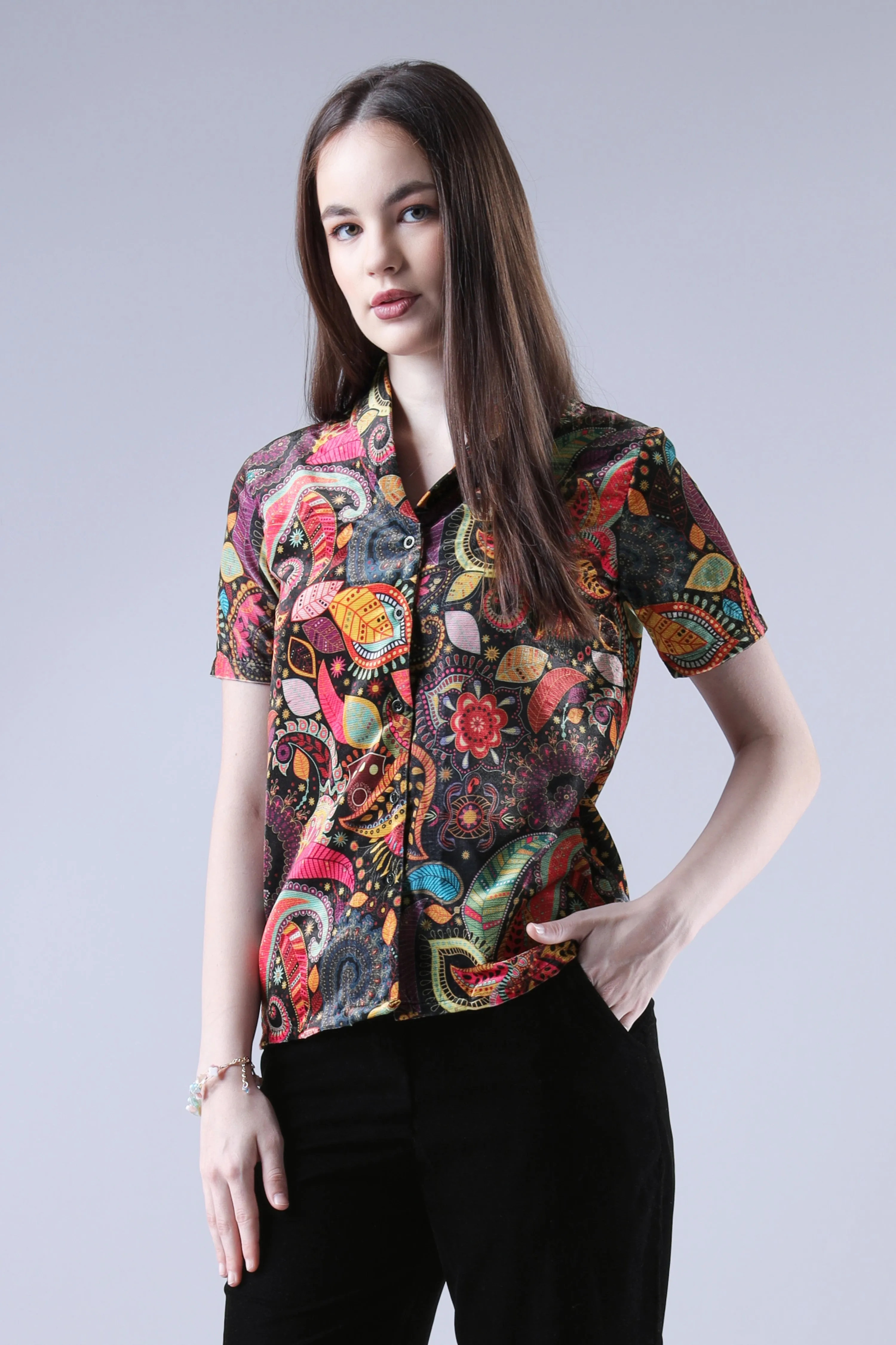 Multi Colored Velvet Designer Short Sleeve Women's Shirt