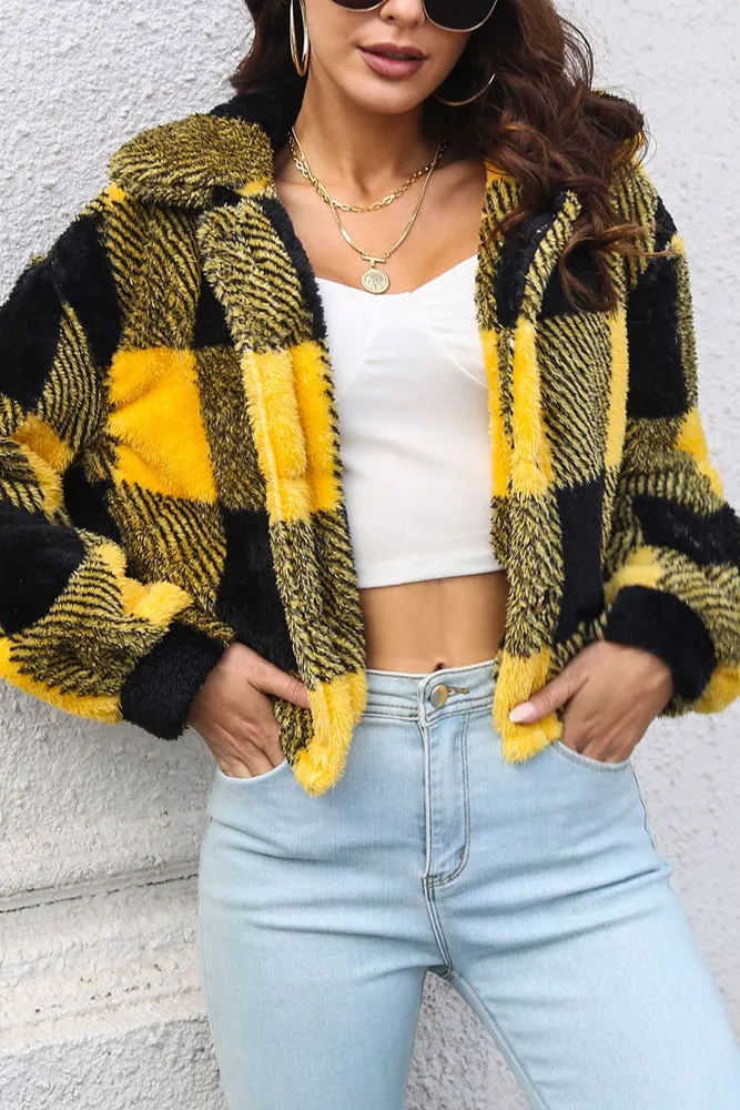 Open Button Fleece Plaid Crop Jackets