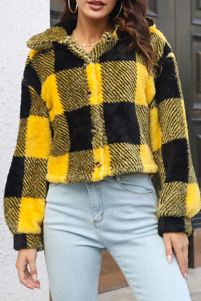 Open Button Fleece Plaid Crop Jackets
