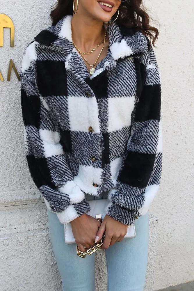 Open Button Fleece Plaid Crop Jackets