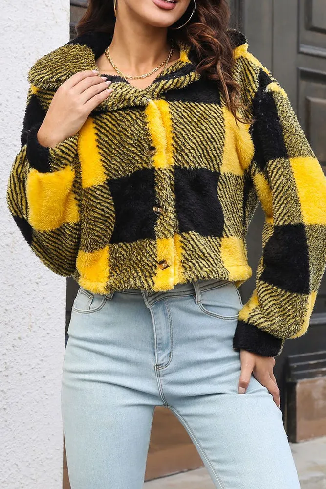 Open Button Fleece Plaid Crop Jackets
