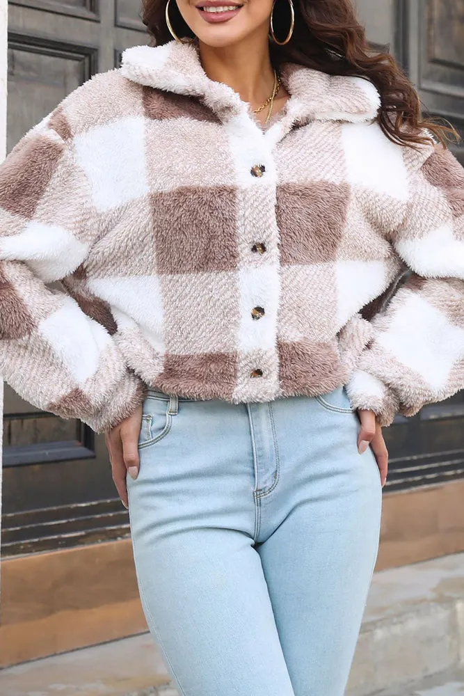 Open Button Fleece Plaid Crop Jackets