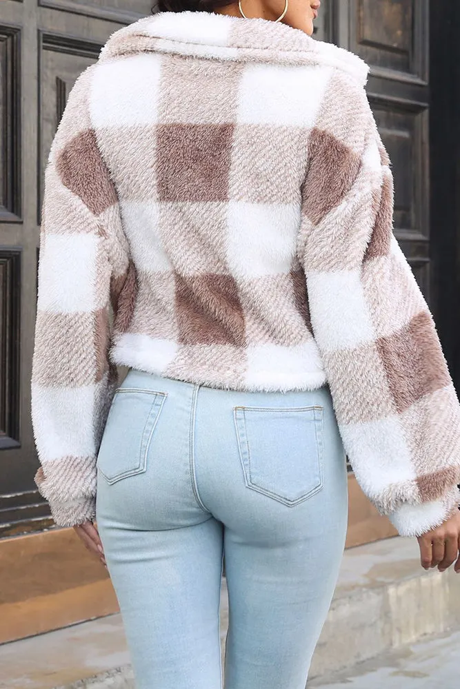 Open Button Fleece Plaid Crop Jackets
