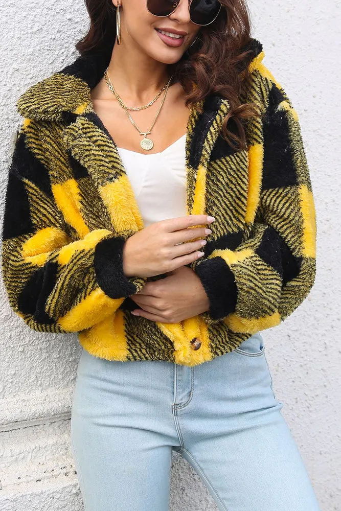 Open Button Fleece Plaid Crop Jackets