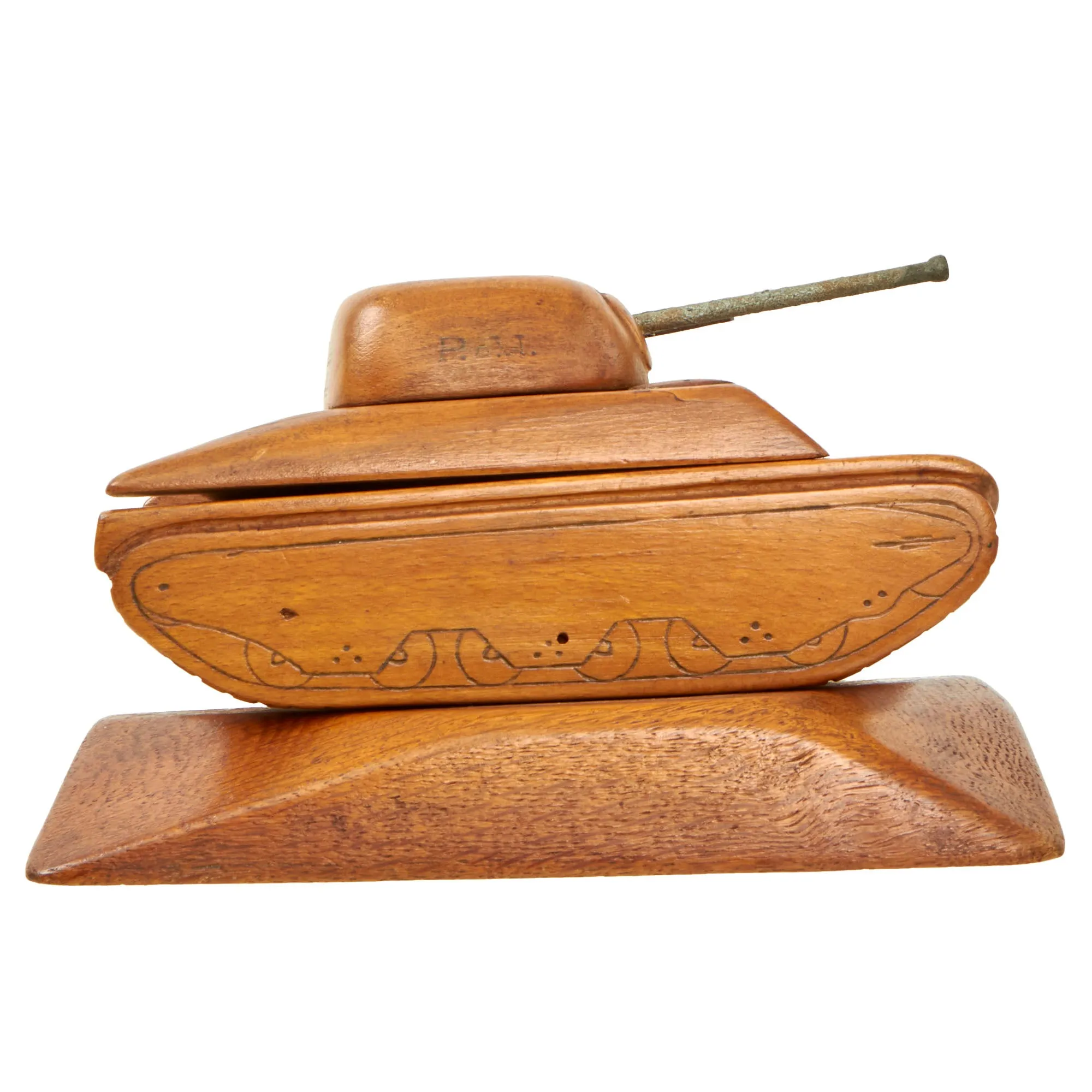 Original U.S. WWII Italian POW Made M4 Sherman Tank Wood Desktop Cigarette Tobacco Box - Formerly A.A.F. Tank Museum Collection
