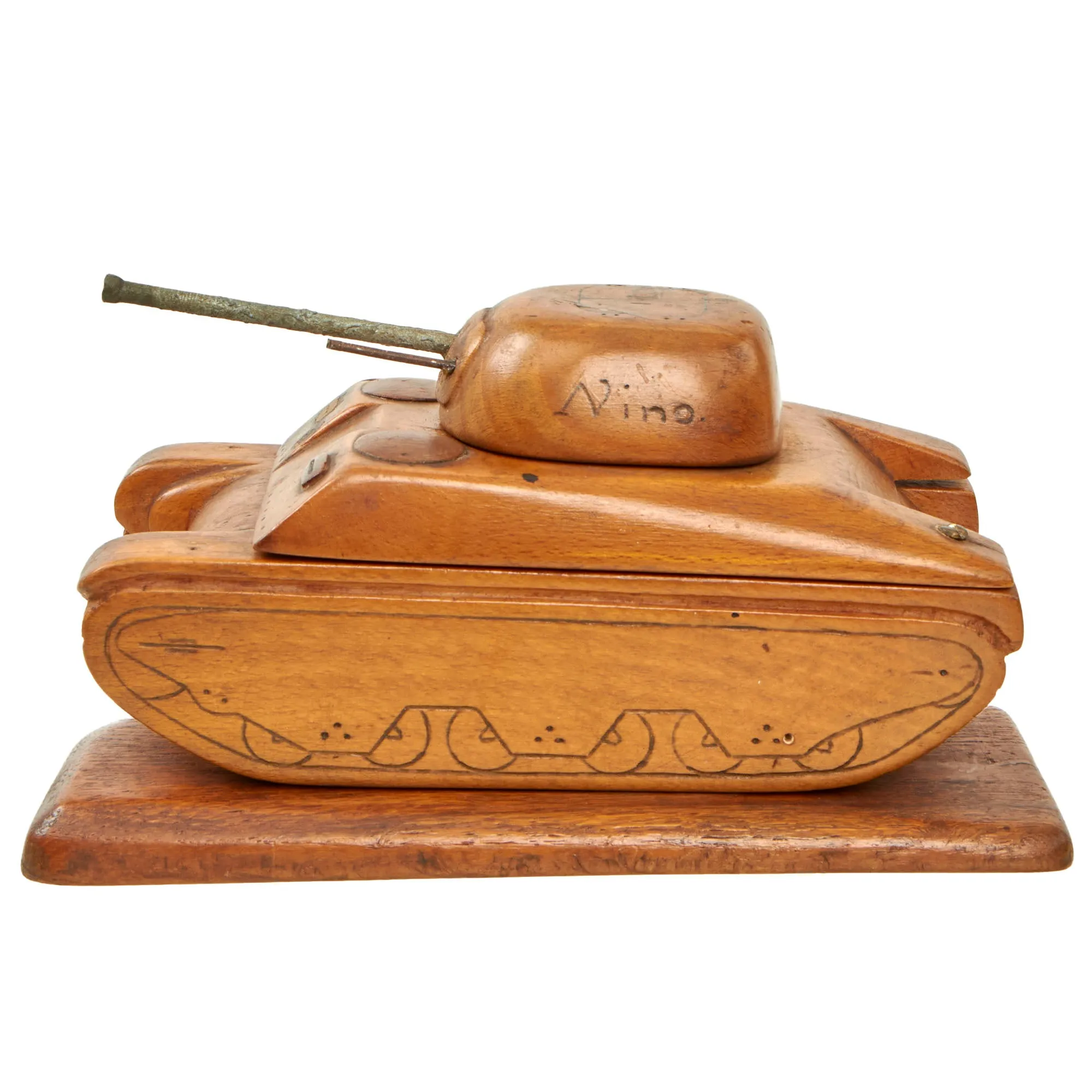 Original U.S. WWII Italian POW Made M4 Sherman Tank Wood Desktop Cigarette Tobacco Box - Formerly A.A.F. Tank Museum Collection