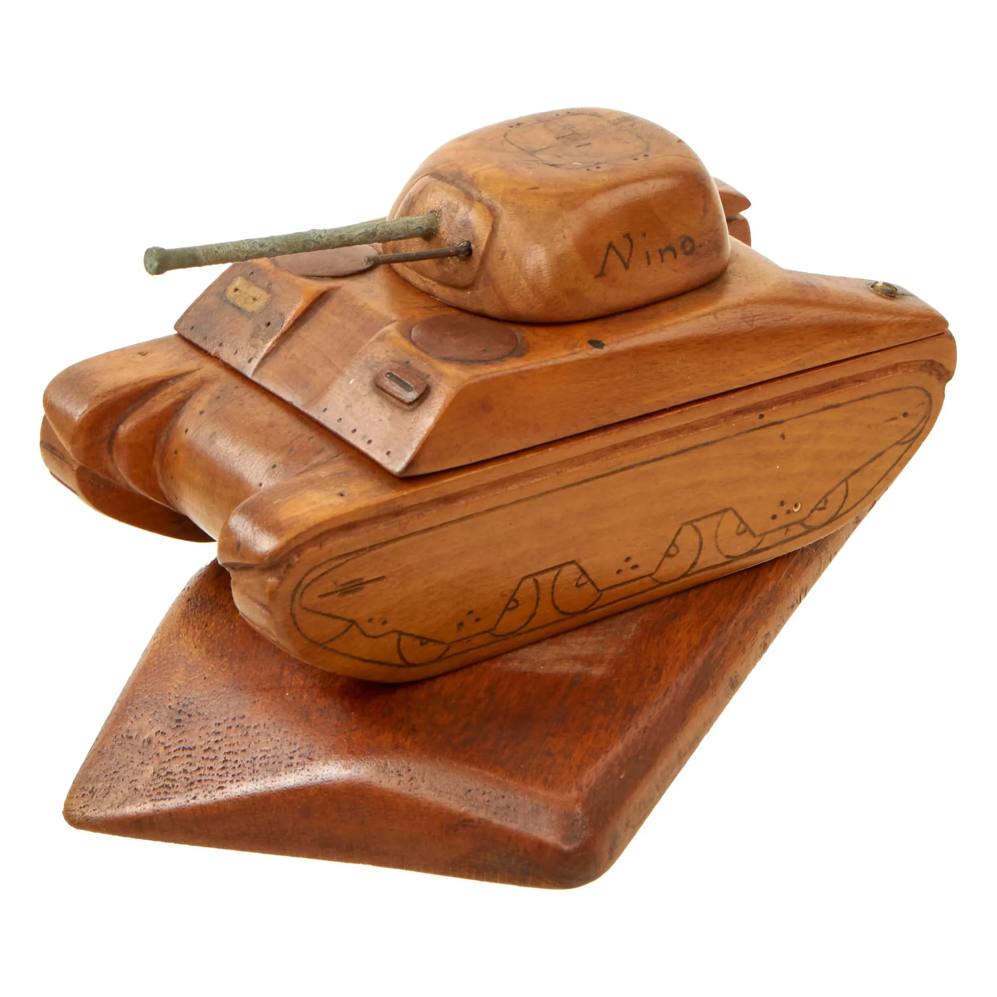 Original U.S. WWII Italian POW Made M4 Sherman Tank Wood Desktop Cigarette Tobacco Box - Formerly A.A.F. Tank Museum Collection