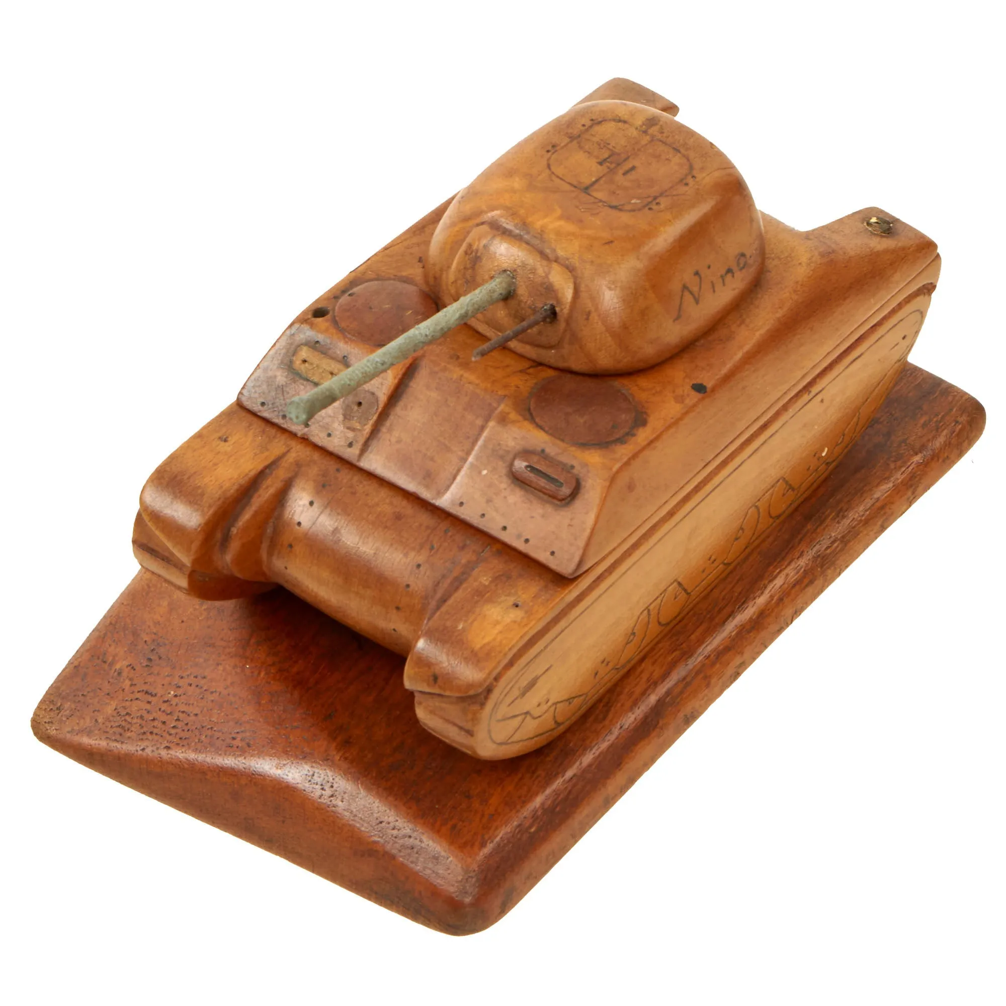 Original U.S. WWII Italian POW Made M4 Sherman Tank Wood Desktop Cigarette Tobacco Box - Formerly A.A.F. Tank Museum Collection