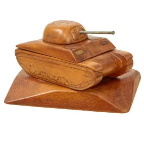Original U.S. WWII Italian POW Made M4 Sherman Tank Wood Desktop Cigarette Tobacco Box - Formerly A.A.F. Tank Museum Collection