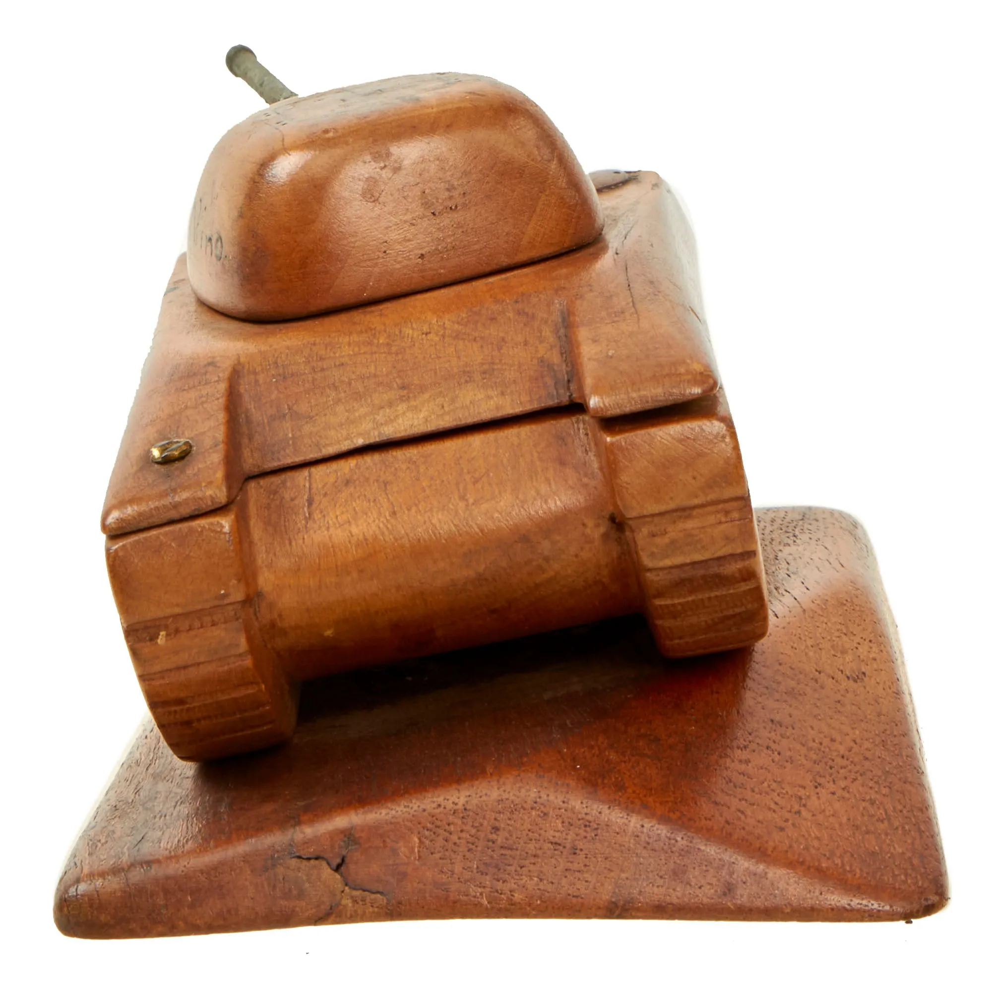 Original U.S. WWII Italian POW Made M4 Sherman Tank Wood Desktop Cigarette Tobacco Box - Formerly A.A.F. Tank Museum Collection