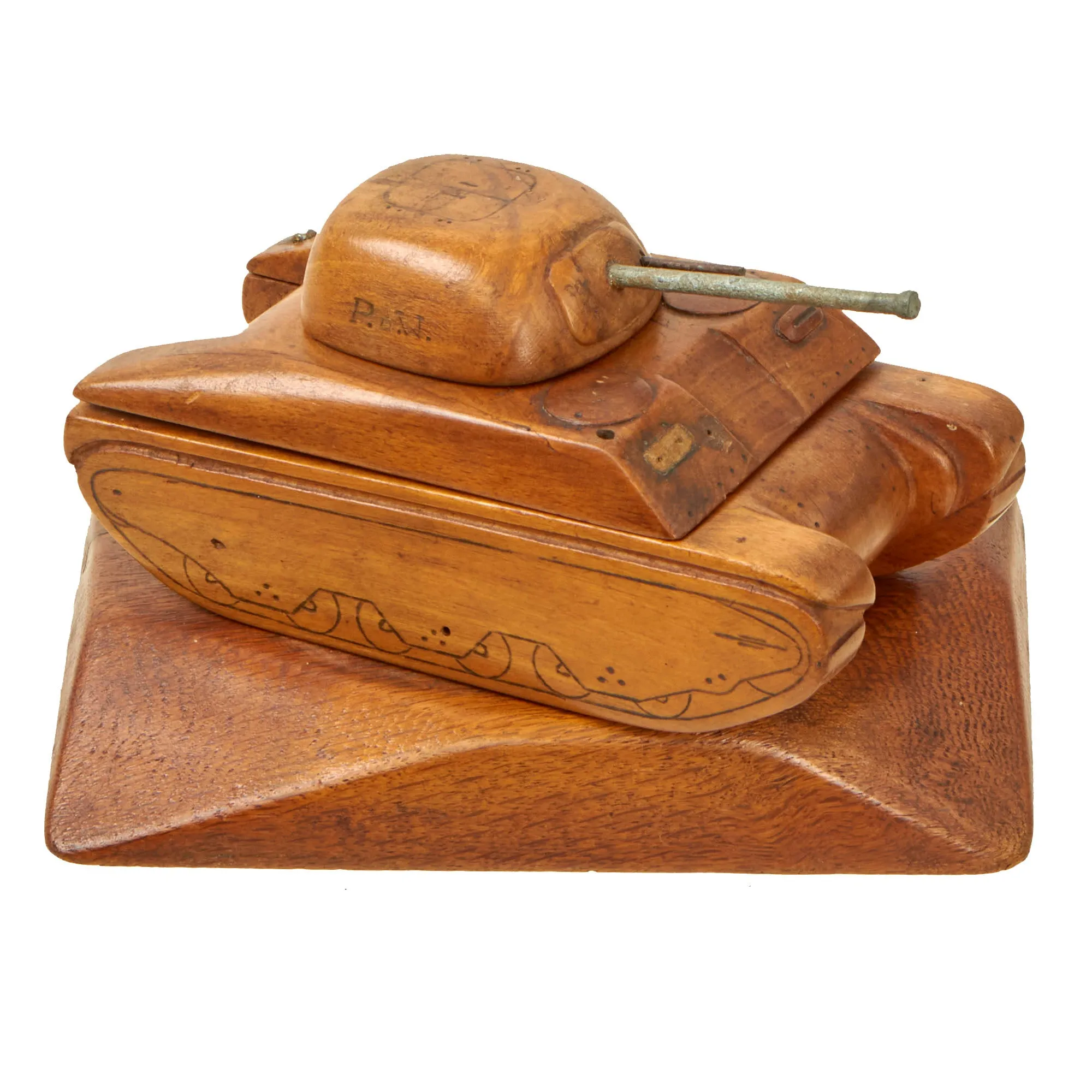 Original U.S. WWII Italian POW Made M4 Sherman Tank Wood Desktop Cigarette Tobacco Box - Formerly A.A.F. Tank Museum Collection