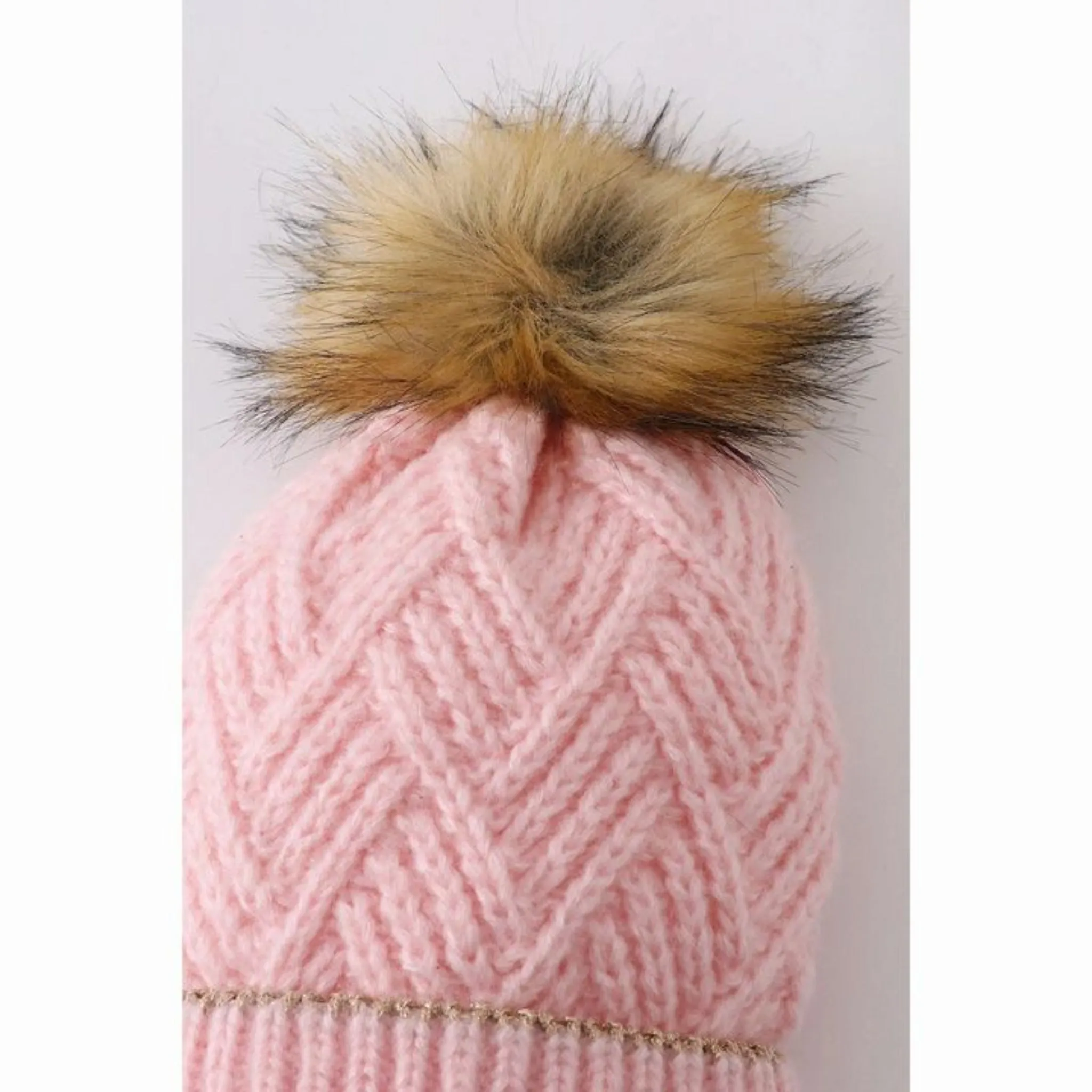 Pink Cable Knit Pom Hat