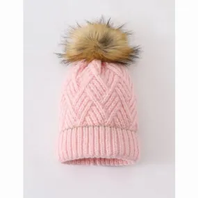 Pink Cable Knit Pom Hat