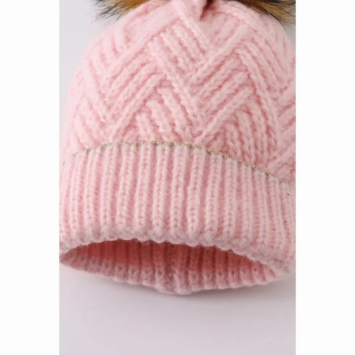 Pink Cable Knit Pom Hat
