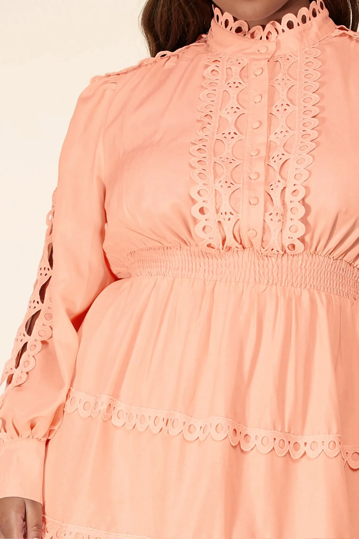 Plus Size Blush Lace Eyelet Long Sleeve Mini Dress