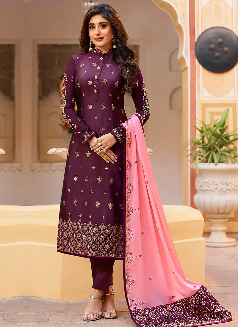Purple And Pink Embroidered Pant Suit