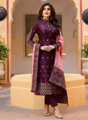 Purple And Pink Embroidered Pant Suit