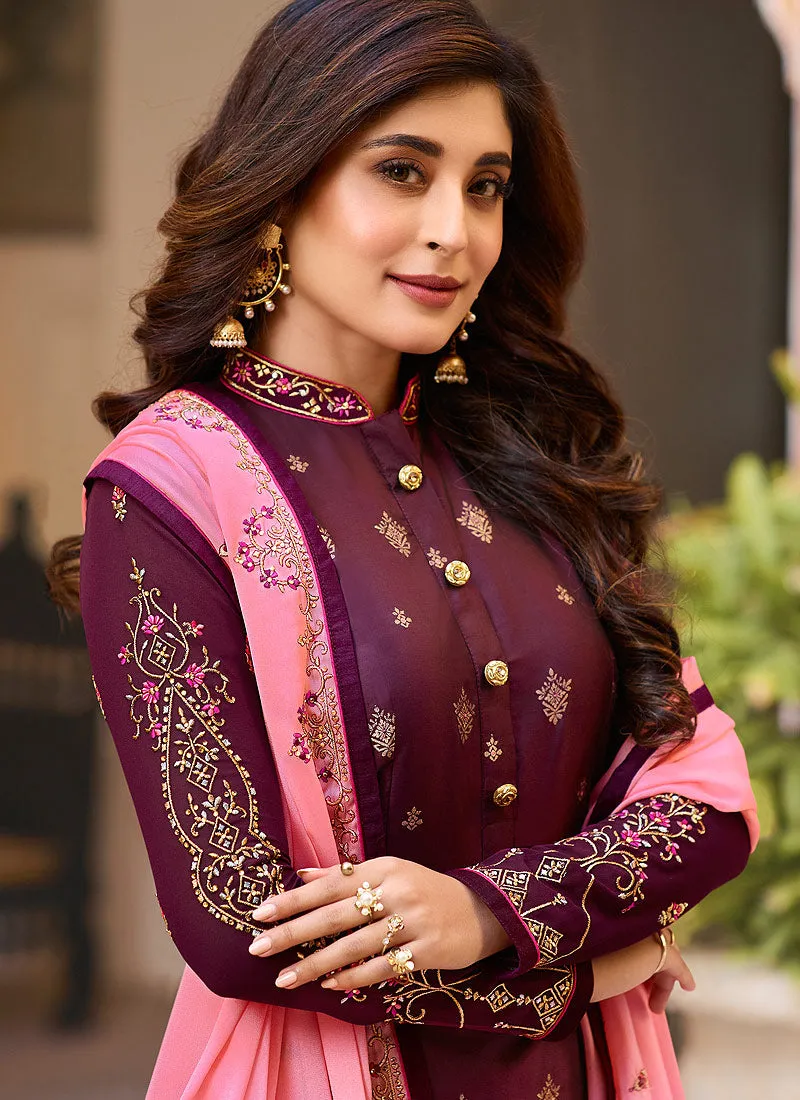 Purple And Pink Embroidered Pant Suit