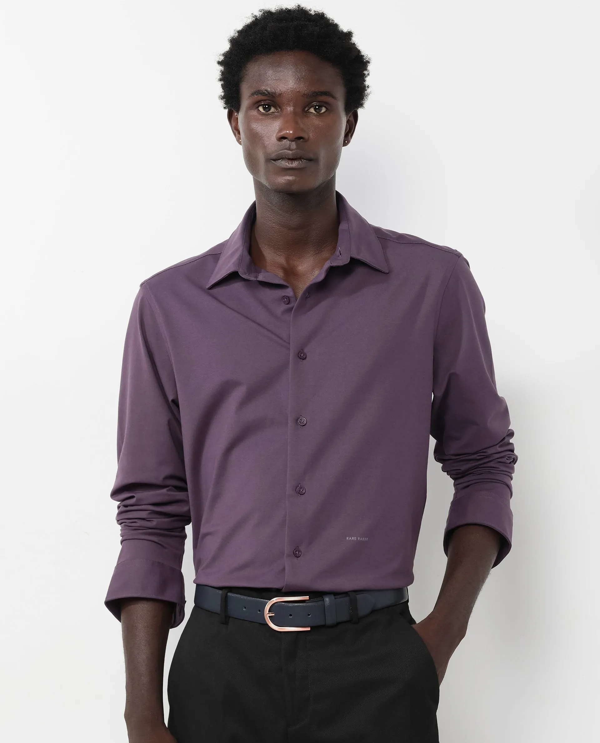 Rare Rabbit Men's Flyknit Dark Purple Cotton Polyester Fabric Full Sleeves Knitted Solid Shirt