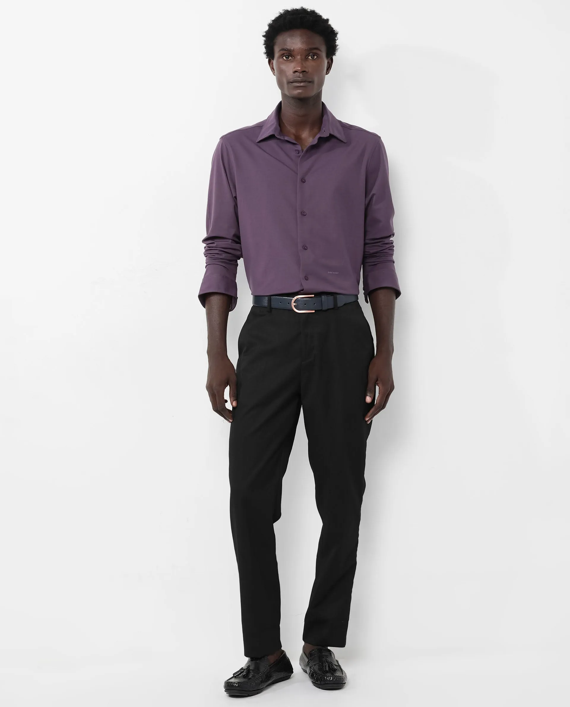 Rare Rabbit Men's Flyknit Dark Purple Cotton Polyester Fabric Full Sleeves Knitted Solid Shirt